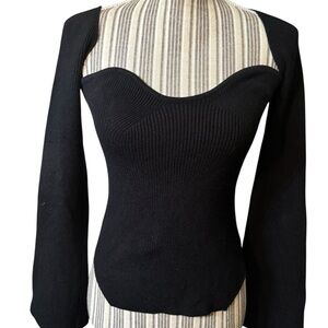 Sweetheart Neck Sweater Small Black Ribbed Knit Top Khaite-style Cotton Long Slv